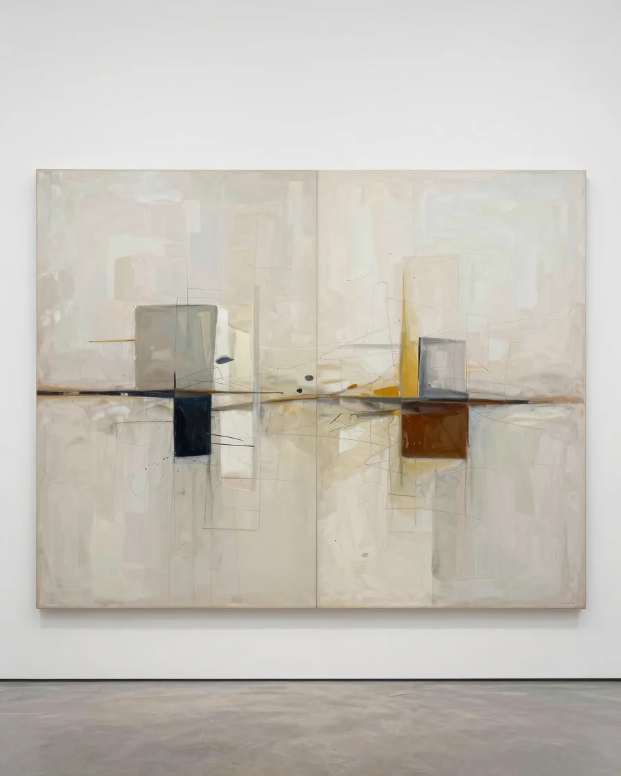 Fine art documentation photography of a large-scale abstract painting, balanced neutral studio light, archival accuracy,