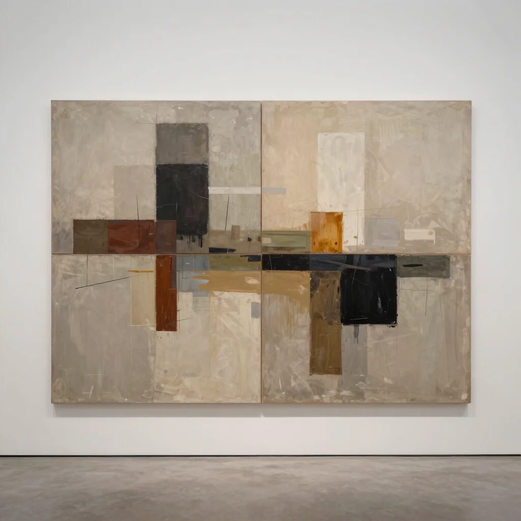 Archival capture of abstract composition, muted earth tones, gallery lighting.