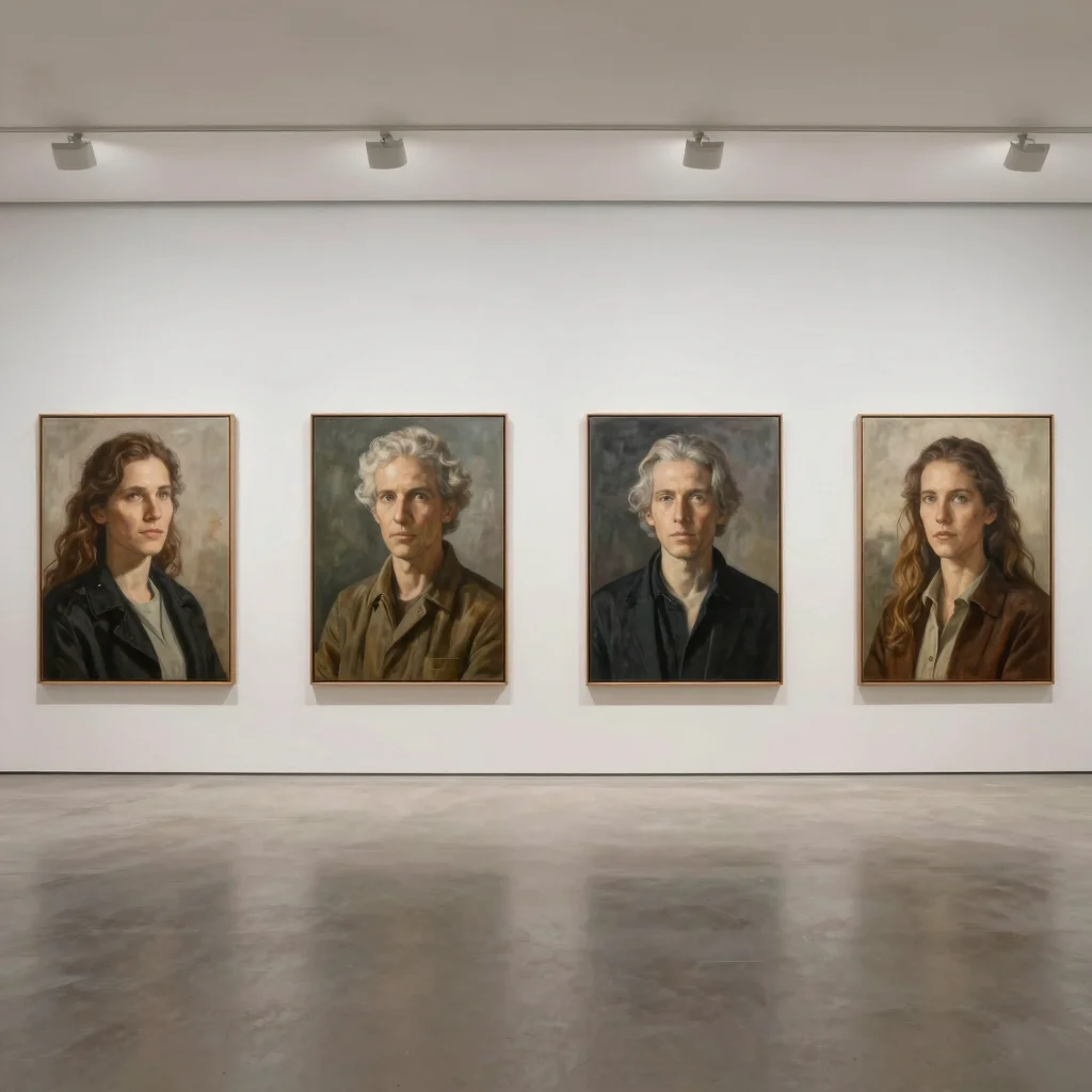 Wide exhibition view of large format paintings in minimalist gallery space.