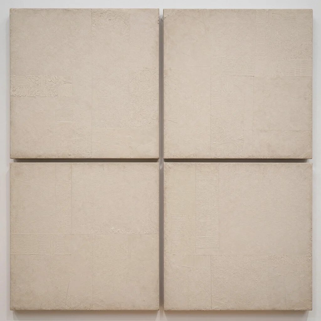 Close study of mixed media surface texture, neutral museum lighting.